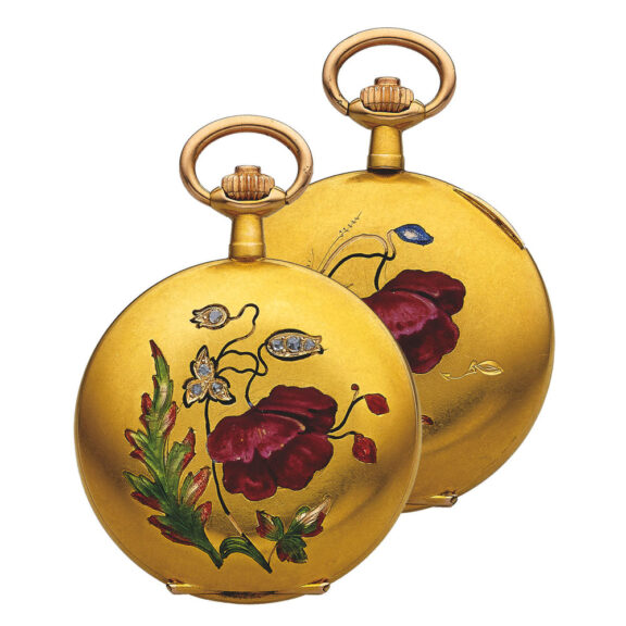 Swiss hunting cased keyless yellow gold diamond and enamel dress watch Circa 1900