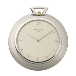 Swiss white gold pocket watch with chain and fob and a leather pouch Circa 1970
