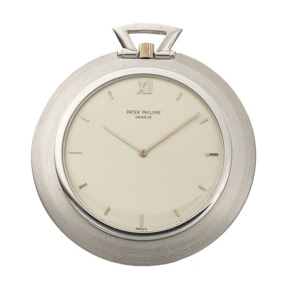 Swiss white gold pocket watch with chain and fob and a leather pouch Circa 1970
