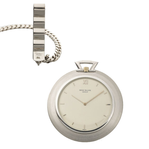 Swiss white gold pocket watch accompanied by a white gold chain Swiss white gold pocket watch accompanied by a white gold chain