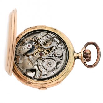 Swiss 14K gold quarter repeating hunter with chronograph Circa 1900 Swiss 14K gold quarter repeating hunter with chronograph Circa 1900
