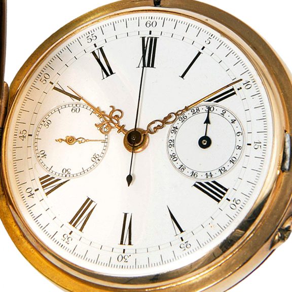 Swiss 18K gold full hunter chronograph pocket watch Circa 1900 Swiss 18K gold full hunter chronograph pocket watch Circa 1900