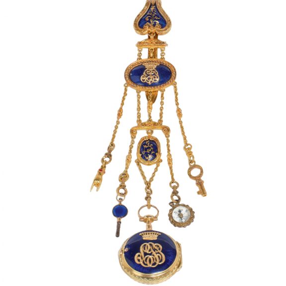 French gold and enamel watch with chatelaine Circa 1895 French gold and enamel watch with chatelaine Circa 1895