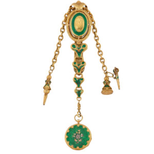 French 18K gold enamel guilloche watch with chatelaine Circa 1850