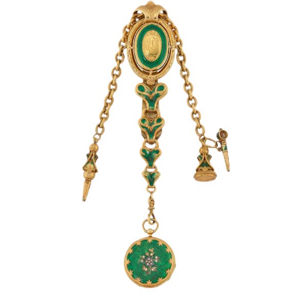 French 18K gold enamel guilloche watch with chatelaine Circa 1850