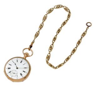 French 18K gold open faced lever watch with chain Circa 1900