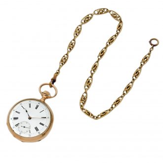 French 18K gold open faced lever watch with chain Circa 1900