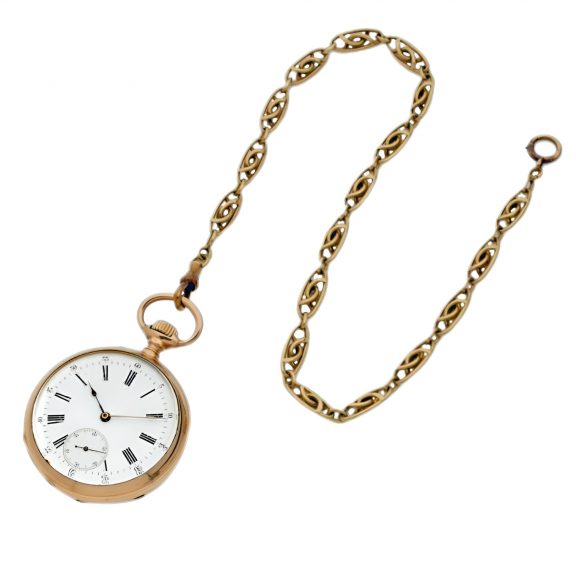 French 18K gold open faced lever watch with chain Circa 1900