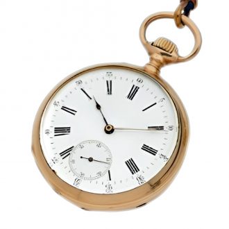 French 18K gold open faced lever watch with chain Circa 1900