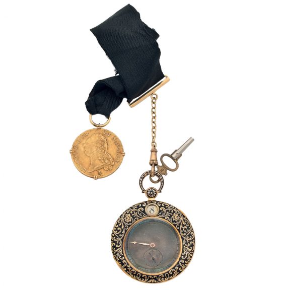 Gold cylinder pocket watch with matching chatelaine Circa 1850