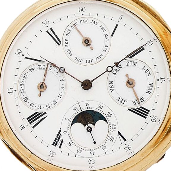 Swiss 18K gold open faced complicated pocket watch Circa 1900 Swiss 18K gold open faced complicated pocket watch Circa 1900