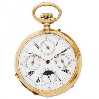 Swiss 18K gold open faced complicated pocket watch Circa 1900