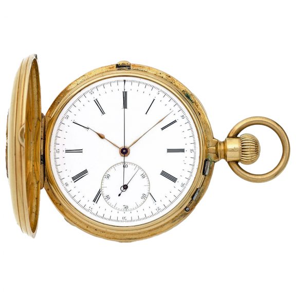 French 18K gold hunting cased lever chronograph Circa 1889