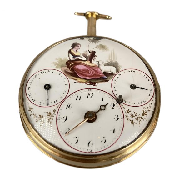French gold calendar watch with polychrome enamel dial Circa 1850 French gold calendar watch with polychrome enamel dial Circa 1850