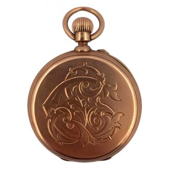 Swiss 18K gold keyless chased and engraved lever watch Circa 1900 Swiss 18K gold keyless chased and engraved lever watch Circa 1900