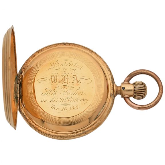 American 18K gold hunting cased pocket watch Circa 1880 American 18K gold hunting cased pocket watch Circa 1880