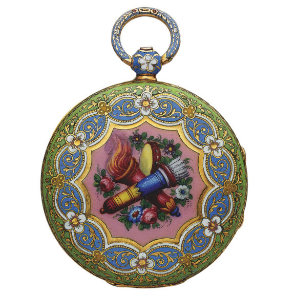 The back is back decorated with a fine painted on enamel flower trophy with a flaming torch and quiver on a pink ground, outer light blue, white and green champlevé enamel border with engraved gold foliate scrolls The back is back decorated with a fine painted on enamel flower trophy with a flaming torch and quiver on a pink ground, outer light blue, white and green champlevé enamel border with engraved gold foliate scrolls