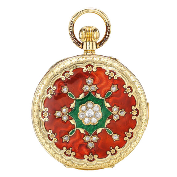 Swiss gold diamond and enamel minute repeater Circa 1880 Swiss gold diamond and enamel minute repeater Circa 1880
