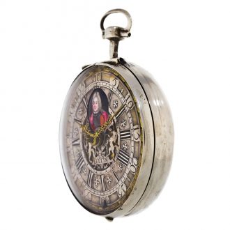 English silver verge clock watch with enamel portrait Circa 1705 English silver verge clock watch with enamel portrait Circa 1705