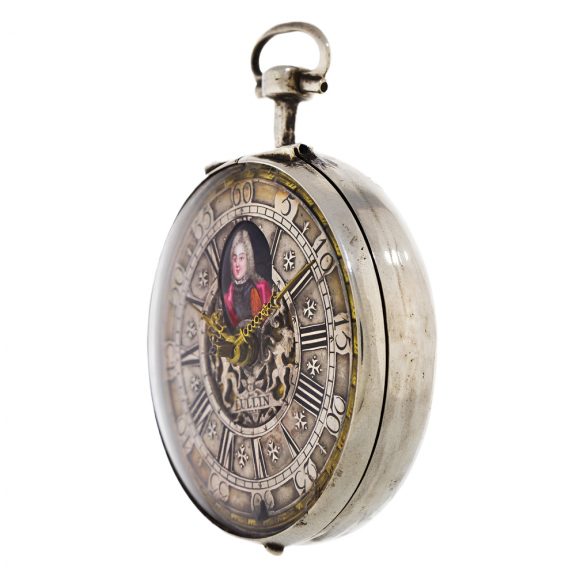 English silver verge clock watch with enamel portrait Circa 1705 English silver verge clock watch with enamel portrait Circa 1705