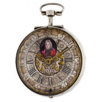 English silver verge clock watch with enamel portrait Circa 1705