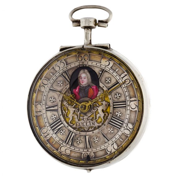 English silver verge clock watch with enamel portrait Circa 1705 English silver verge clock watch with enamel portrait Circa 1705