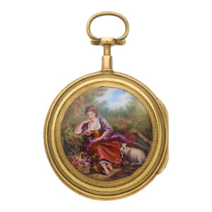 Small French gold watch with polychrome enamel scene Circa 1790