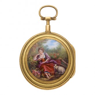 Small French gold watch with polychrome enamel scene Circa 1790