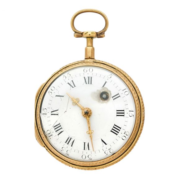 Small French gold watch with polychrome enamel scene Circa 1790 Small French gold watch with polychrome enamel scene Circa 1790