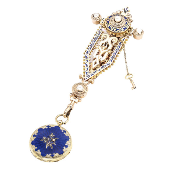 Swiss gold, pearl, diamond and enamel cylinder Circa 1850 Swiss gold, pearl, diamond and enamel cylinder Circa 1850