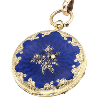 Swiss gold, pearl, diamond and enamel cylinder Circa 1850 Swiss gold, pearl, diamond and enamel cylinder Circa 1850