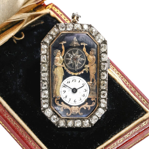 Swiss gold and diamond repeater with jaquemarts Circa 1820 Swiss gold and diamond repeater with jaquemarts Circa 1820