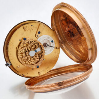 Swiss 18 carat gold open faced calender watch Circa 1810 Swiss 18 carat gold open faced calender watch Circa 1810