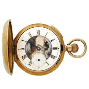 Swiss gold hunting cased repeating automaton Circa 1890