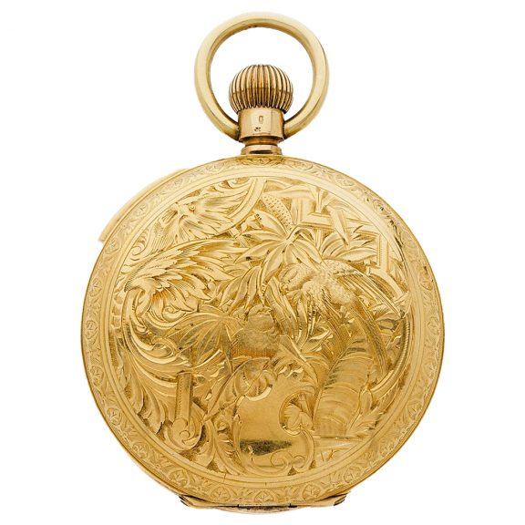 Swiss gold hunting cased repeating automaton Circa 1890 Swiss gold hunting cased repeating automaton Circa 1890