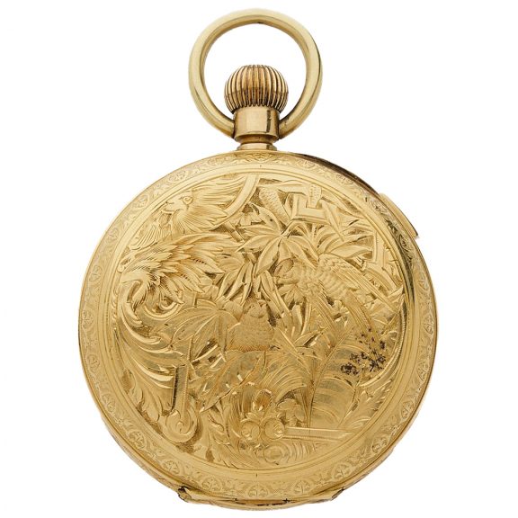 Swiss gold hunting cased repeating automaton Circa 1890 Swiss gold hunting cased repeating automaton Circa 1890