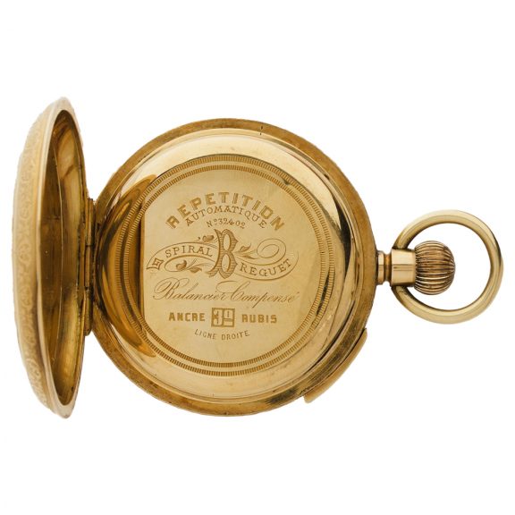 Swiss gold hunting cased repeating automaton Circa 1890 Swiss gold hunting cased repeating automaton Circa 1890