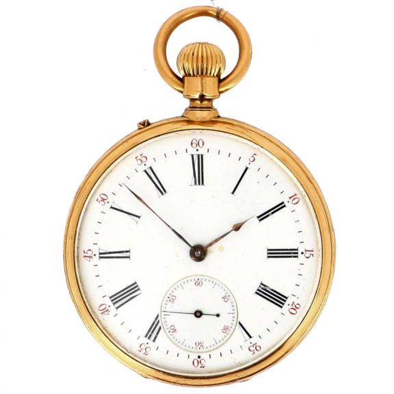 French 18K gold open faced keyless pocket watch Circa 1900
