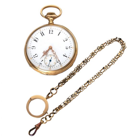 Swiss 18 carat gold open faced lever watch with chain Circa 1881 Swiss 18 carat gold open faced lever watch with chain Circa 1881