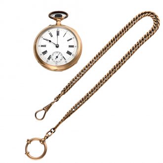 Swiss 18 carat gold open faced lever watch with chain Circa 1900