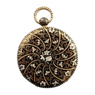 Flat Swiss 18K gold pocket watch with enamel case Circa 1800