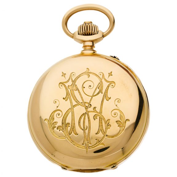 Swiss 18K gold keyless pocket watch with chronograph Circa 1895 Swiss 18K gold keyless pocket watch with chronograph Circa 1895