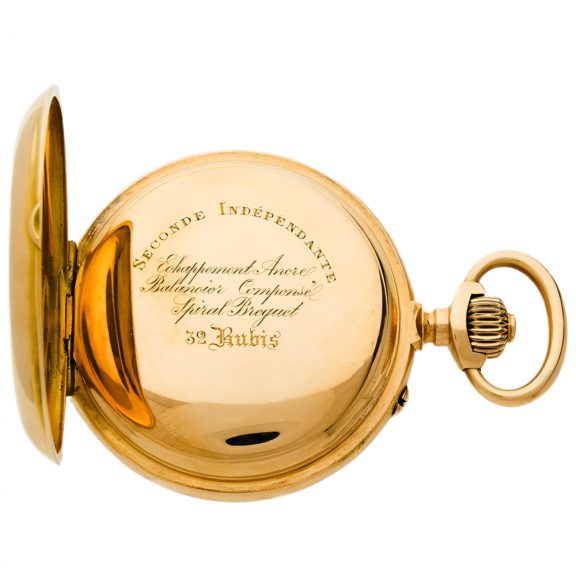 Swiss 18K gold keyless pocket watch with chronograph Circa 1895 Swiss 18K gold keyless pocket watch with chronograph Circa 1895