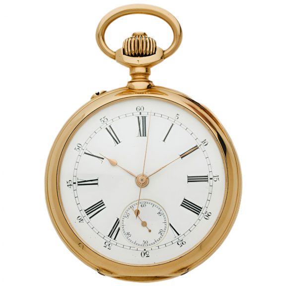 Swiss 18K gold keyless pocket watch with chronograph Circa 1895