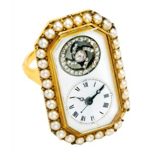 Swiss gold and pearl center seconds ring watch Circa 1810