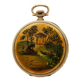 Swiss gold watch with polychrome enamel painted scene Circa 1920