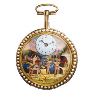 Swiss gold, enamel and pearl automaton watch Circa 1810