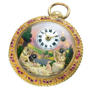 Swiss unusual small gold musical automaton watch Circa 1815