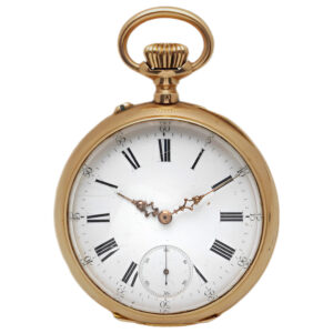 French 18K gold open faced keyless cylinder pocket watch Circa 1900