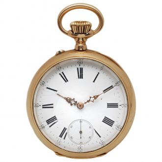 French 18K gold open faced keyless cylinder pocket watch Circa 1900